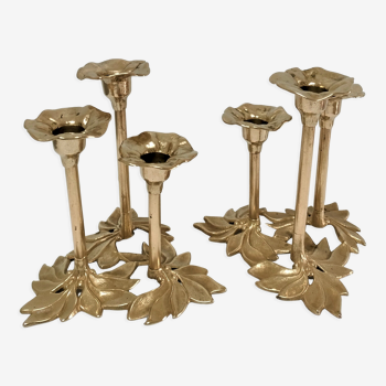 Pair of candlesticks solid brass vintage flowers