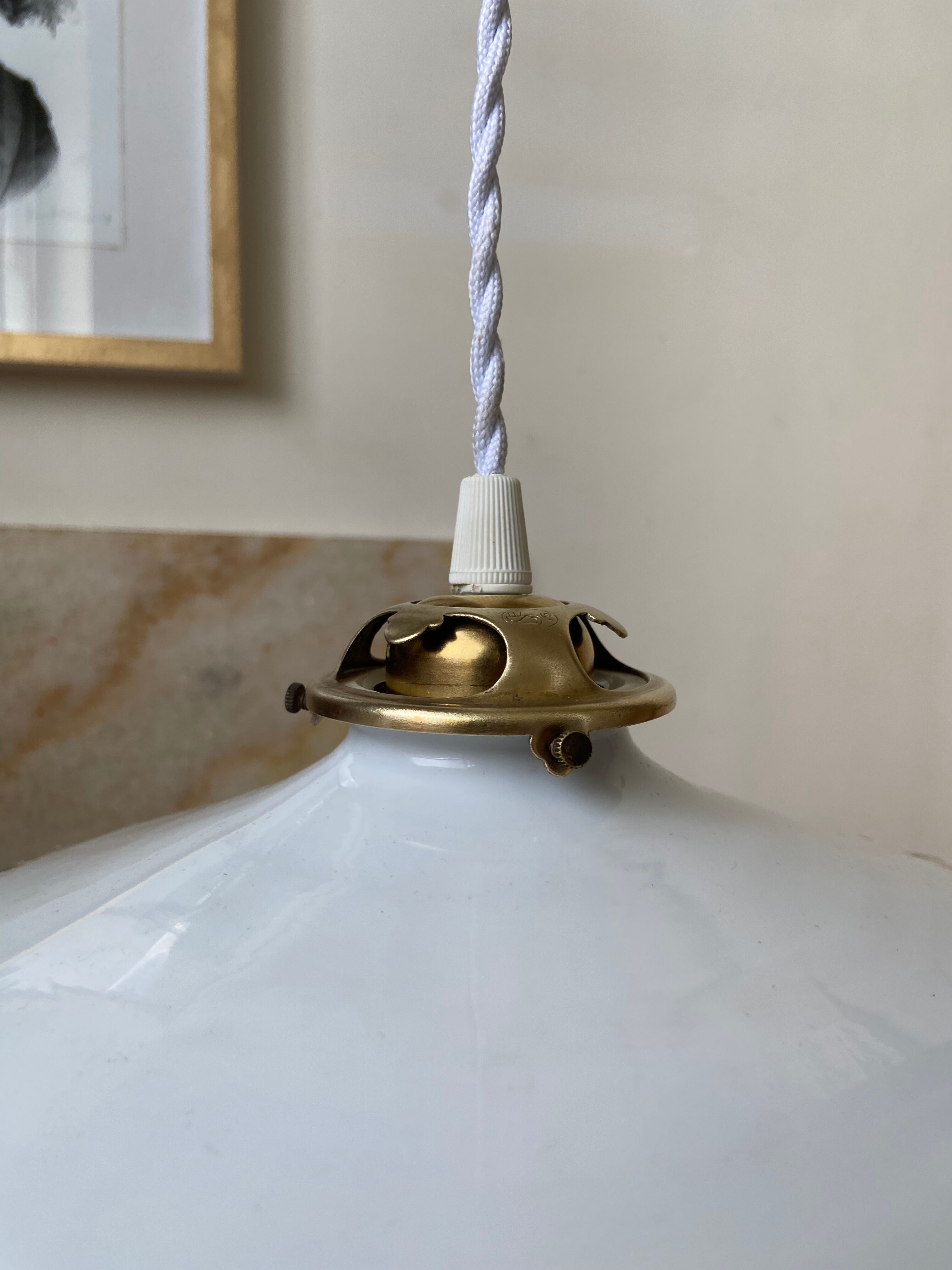 Pair of white glass hanging lamps