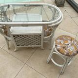 Vintage White Rattan/Bamboo Garden Furniture Set with 2 Chairs and a Stool