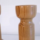 Pair of vintage Scandinavian candle holders in pine 1970