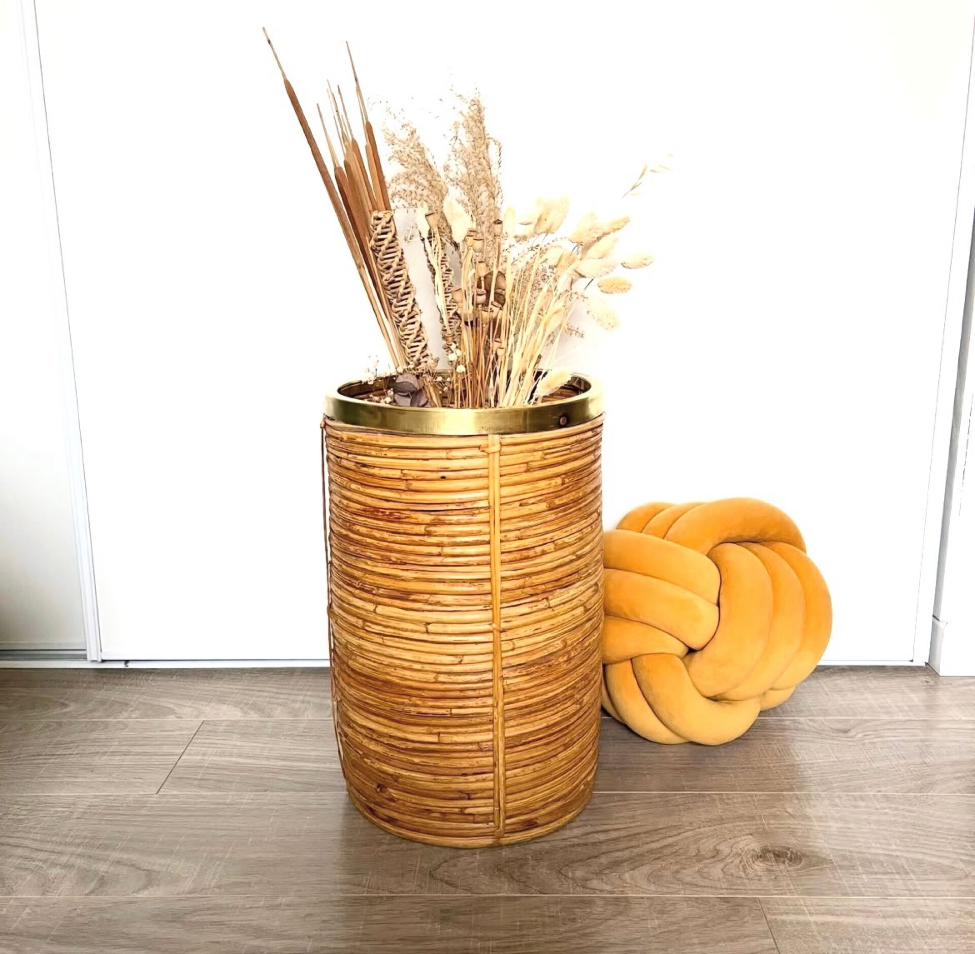 Porte parapluies vintage rotin laiton