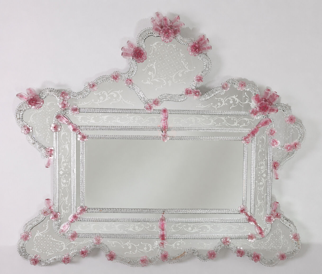 Exceptional Extra Large Size Vintage Pink Murano Glass Wall Mirror, 1950s
