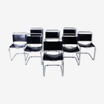 Ensemble de 8 chaises B33 en cuir noir par Marcel Breuer, Italie années 1980