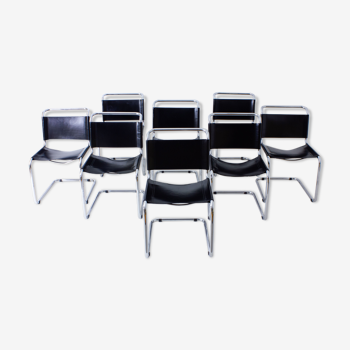 Set of 8 black leather B33 chairs by Marcel Breuer, Italy 1980s