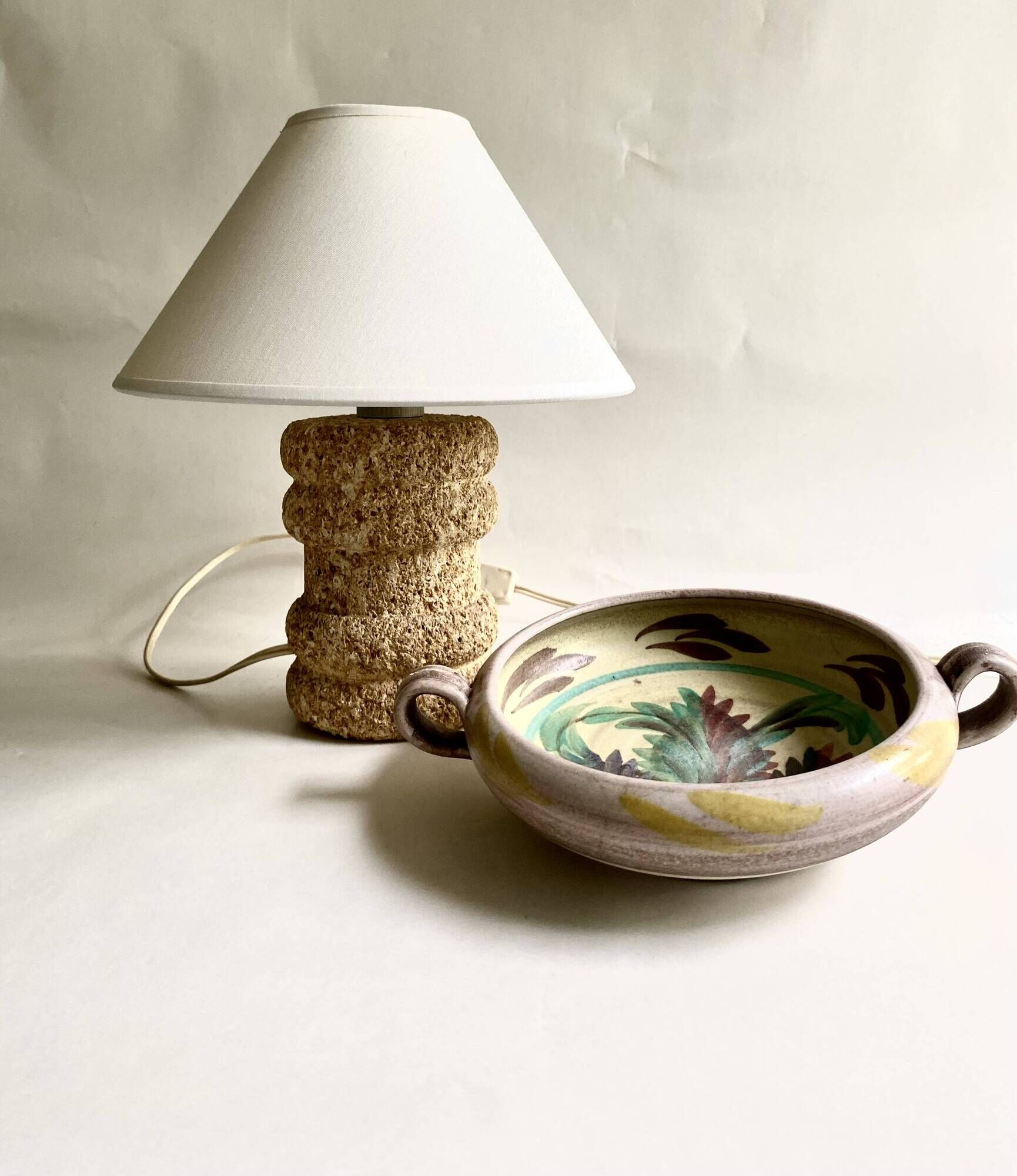 Lampe pierre annees 70 et l’abat-jour coton