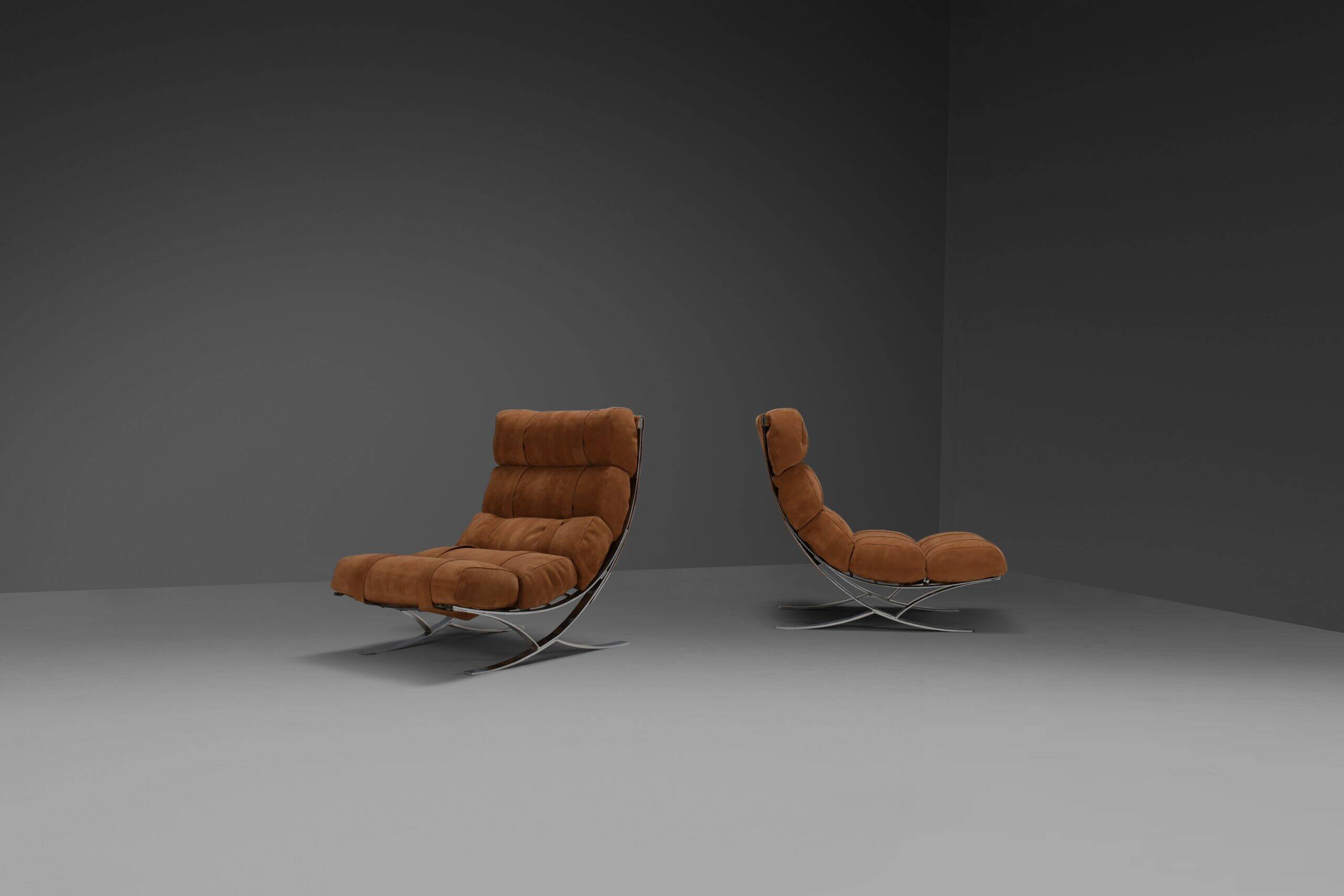 Impressive suede and chrome lounge chairs, France 1970s