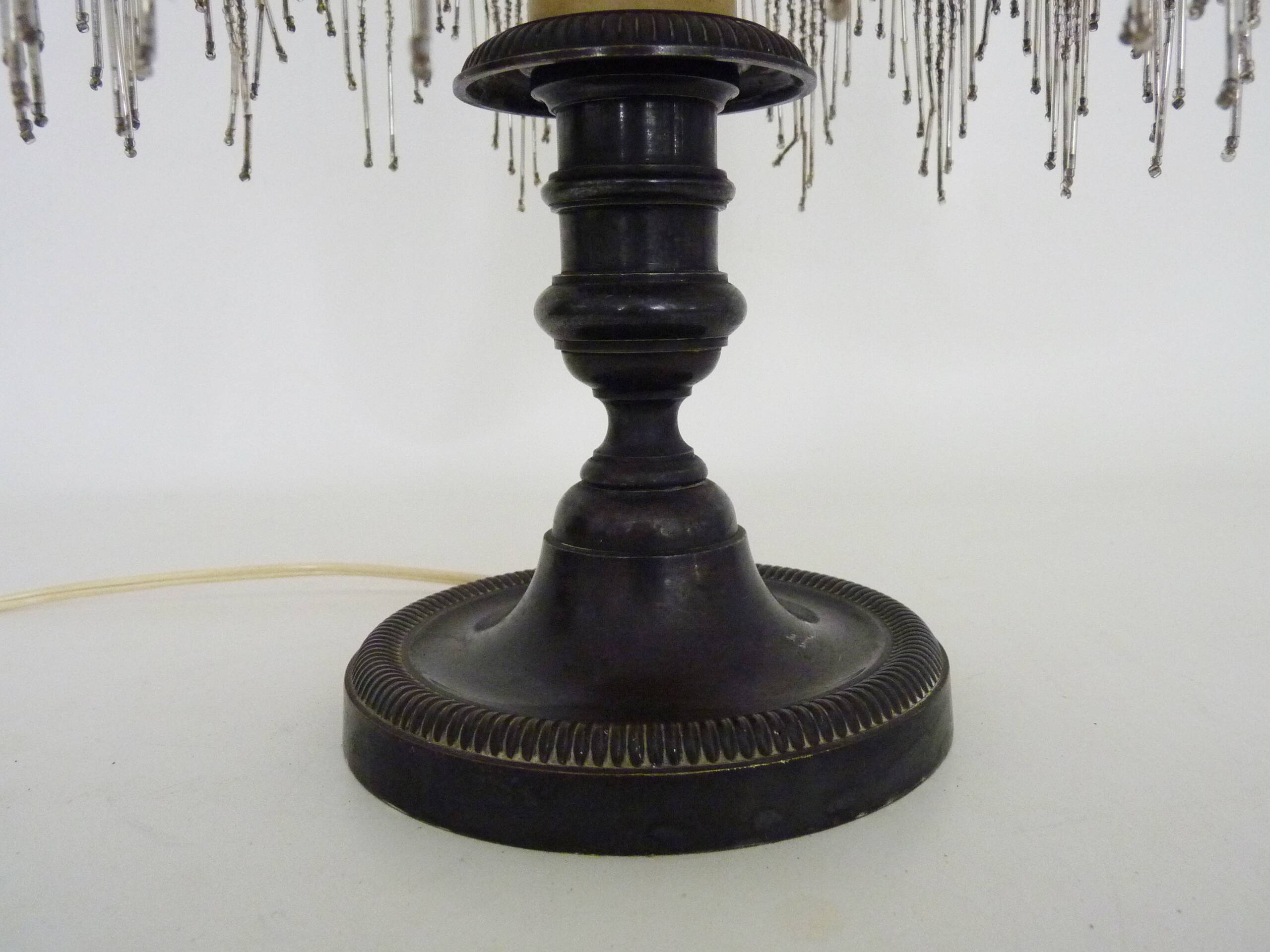 Table lamp, bedside lamp, silver metal base, globe and beads