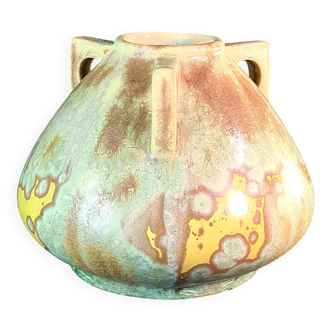 Titre : Vase Art Nouveau Pierrefonds en grès cristallisé – décor vert et oc