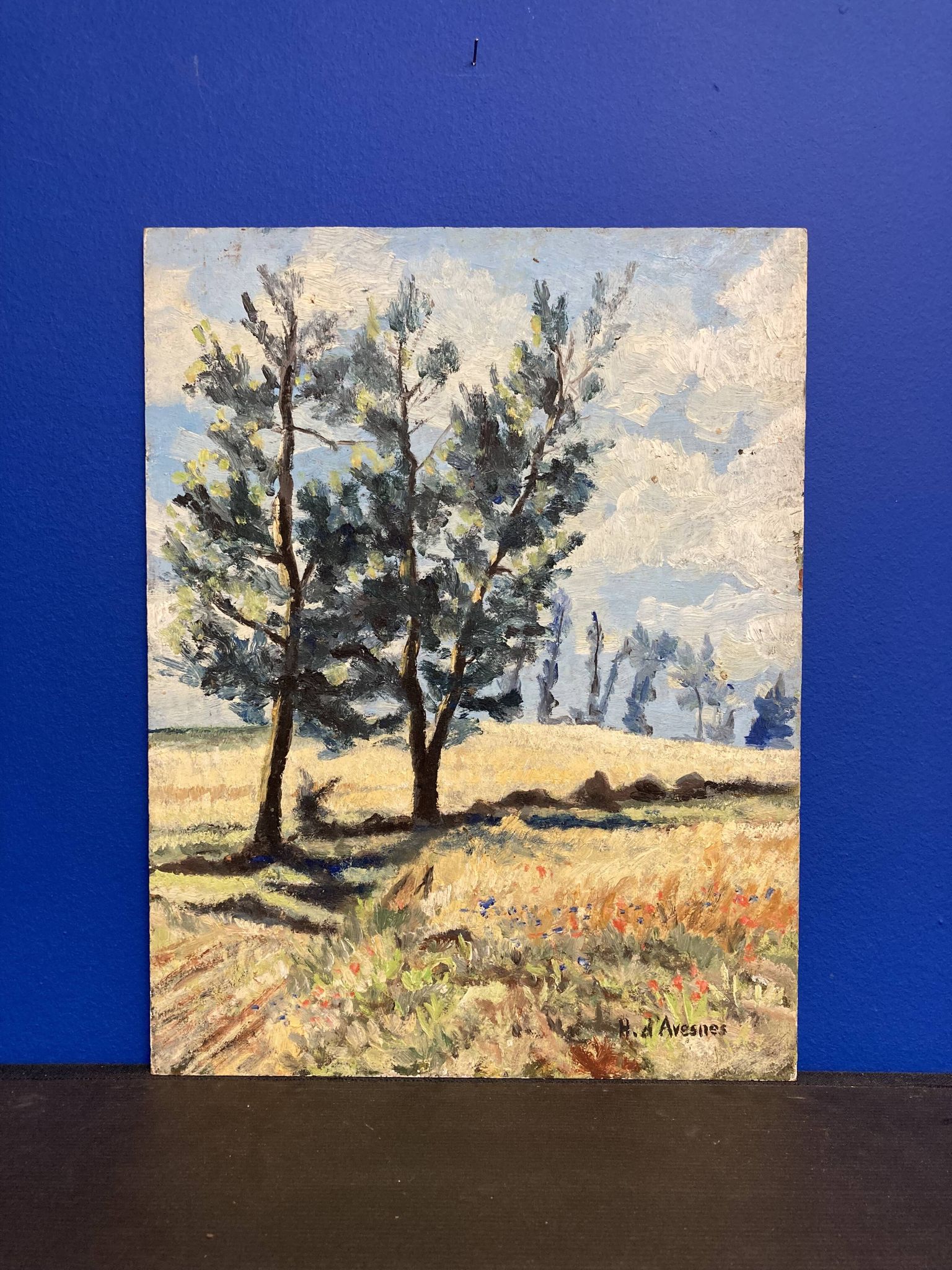 Landscape with poppies, oil on panel, Henry d'Avesnes (1907-1999)