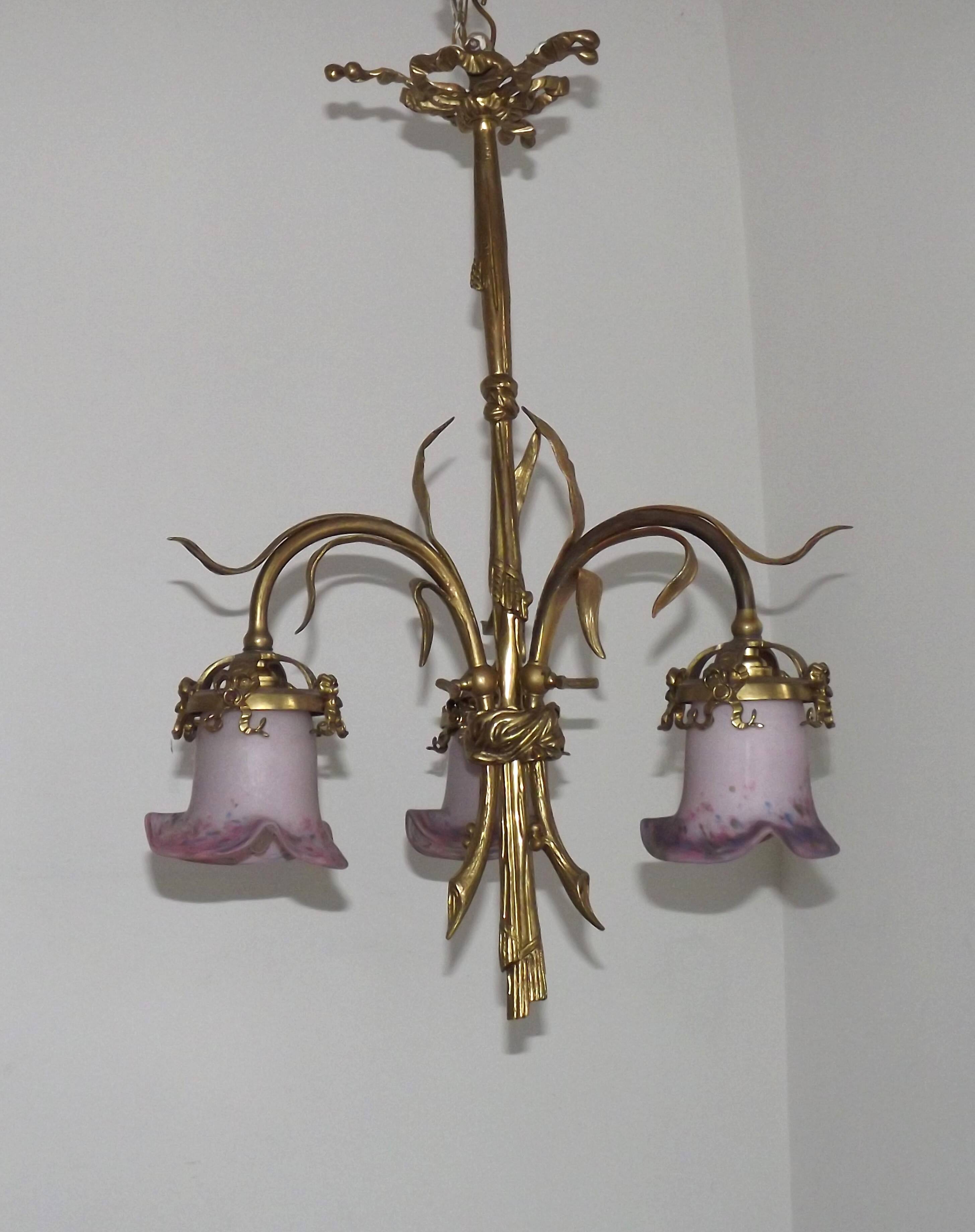 French Antique Late 1800s 3-Light Gilt Bronze Chandelier Art Glass Shades 5089