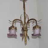 Lustre à 3 lumières en bronze doré, abat-jour en verre d'art 5089