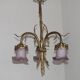 French Antique Late 1800s 3-Light Gilt Bronze Chandelier Art Glass Shades 5089