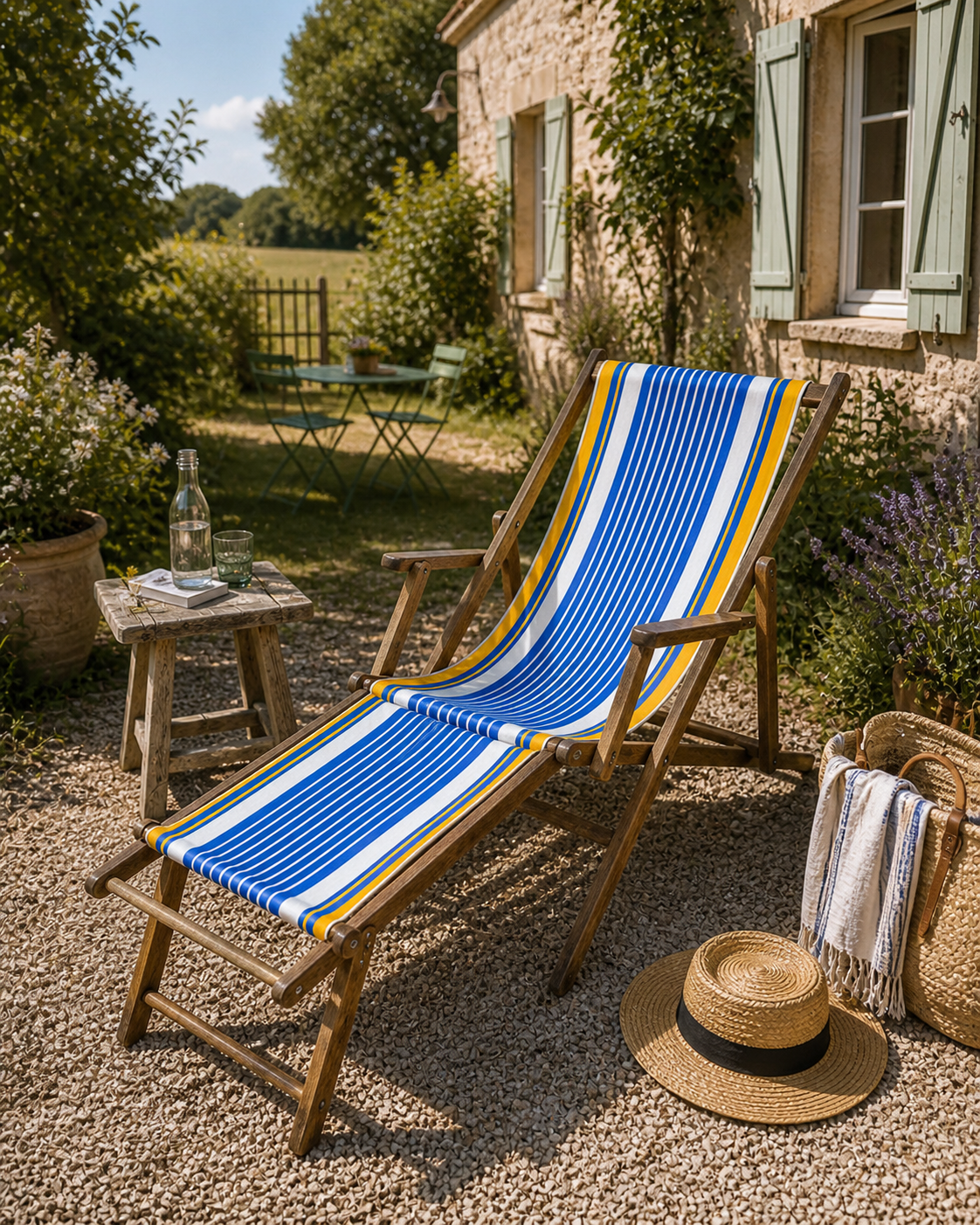 Vintage deck chair with blue and yellow striped fabric, original patina.