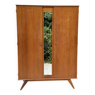 1960s Scandinavian-style compass-legged wardrobe in wood and mirror