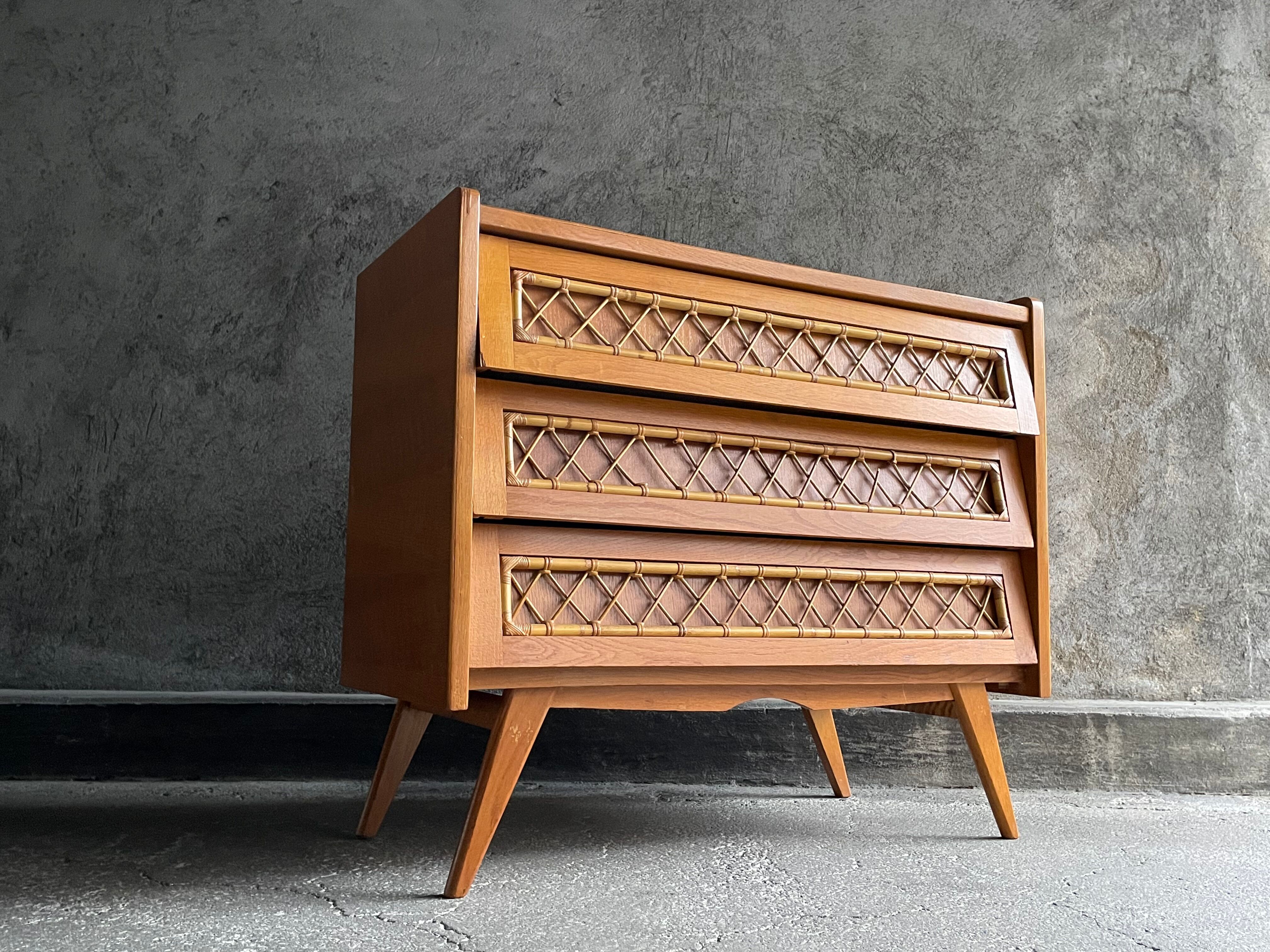 3-drawer chest of drawers with rattan decorations, France 1970s