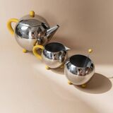 Space Age Vintage 1980s Stainless Steel Tea and Coffee Set with Yellow Accents Teapot Creamer and Sugar Bowl
