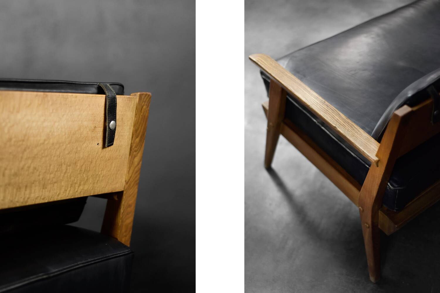 Vintage Mid-Century German Modern Oak & Black Leather Sofa, 1960s