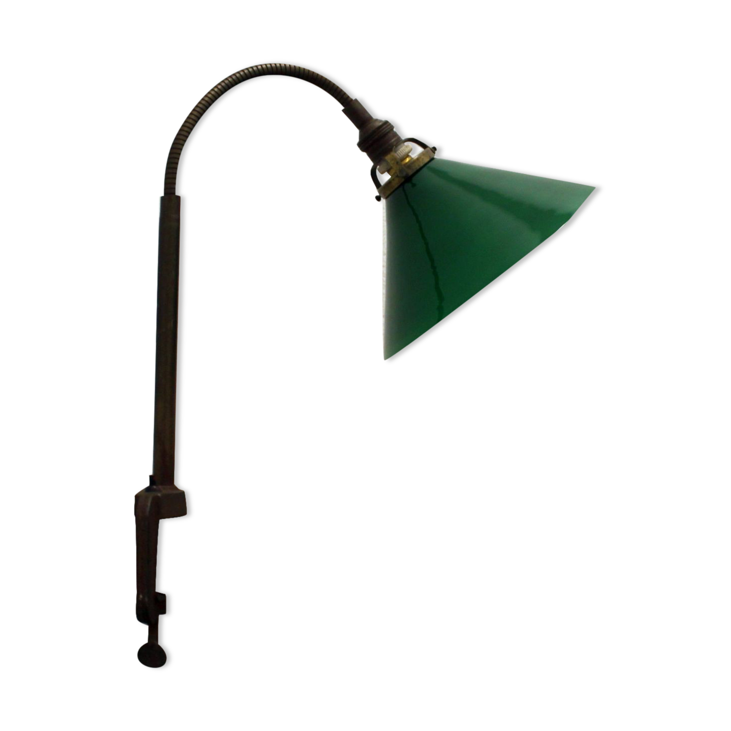 Vintage industrial vice lamp, green opaline.