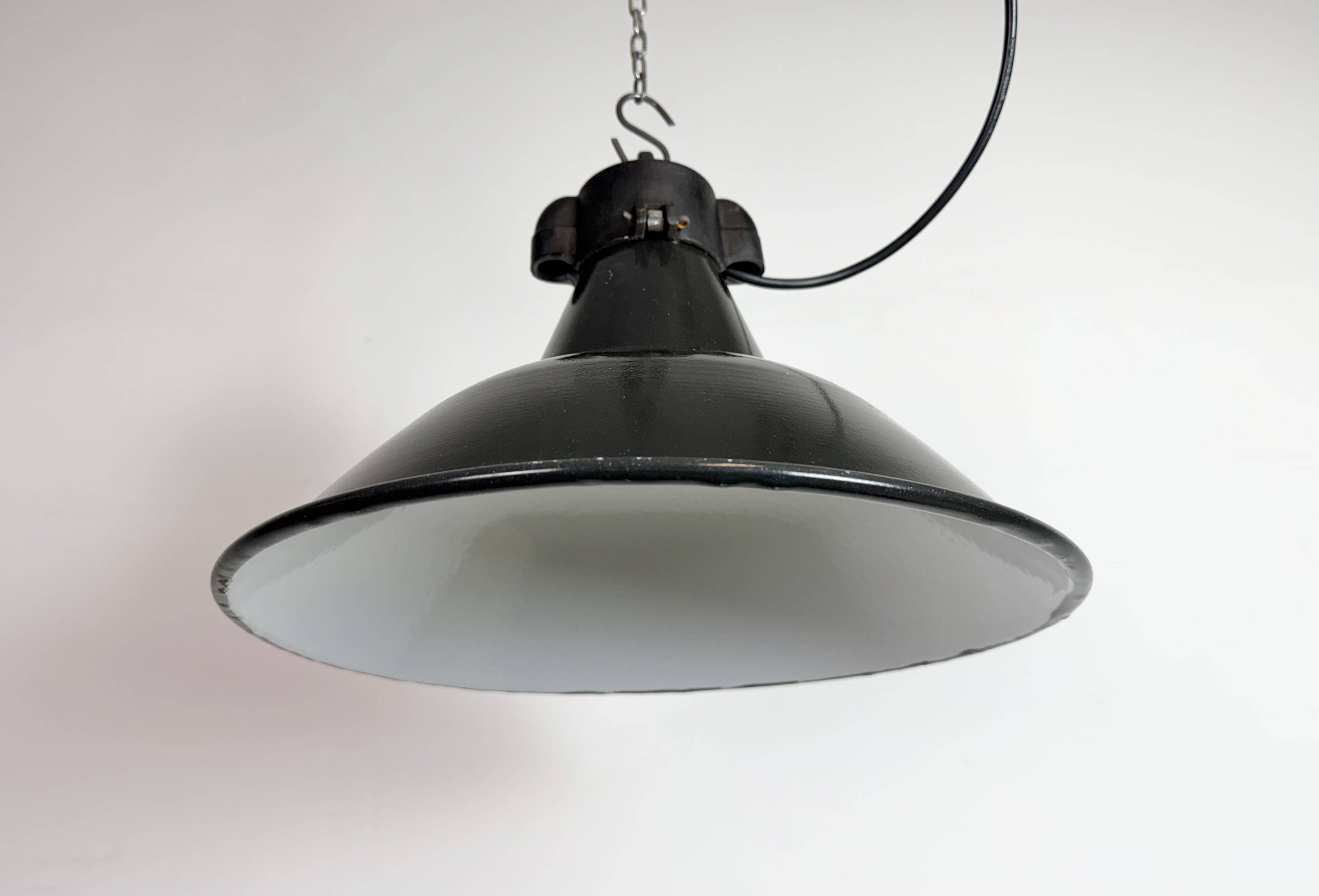 Industrial Black Enamel Factory Lamp with Cast Iron Top, 1950s