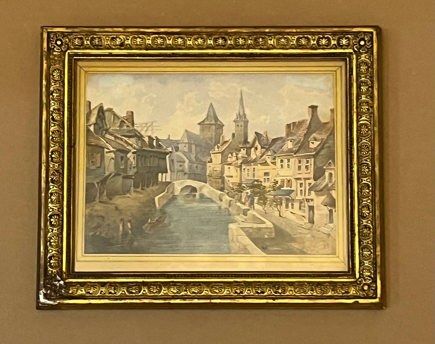 Framed antique engraving under glass
