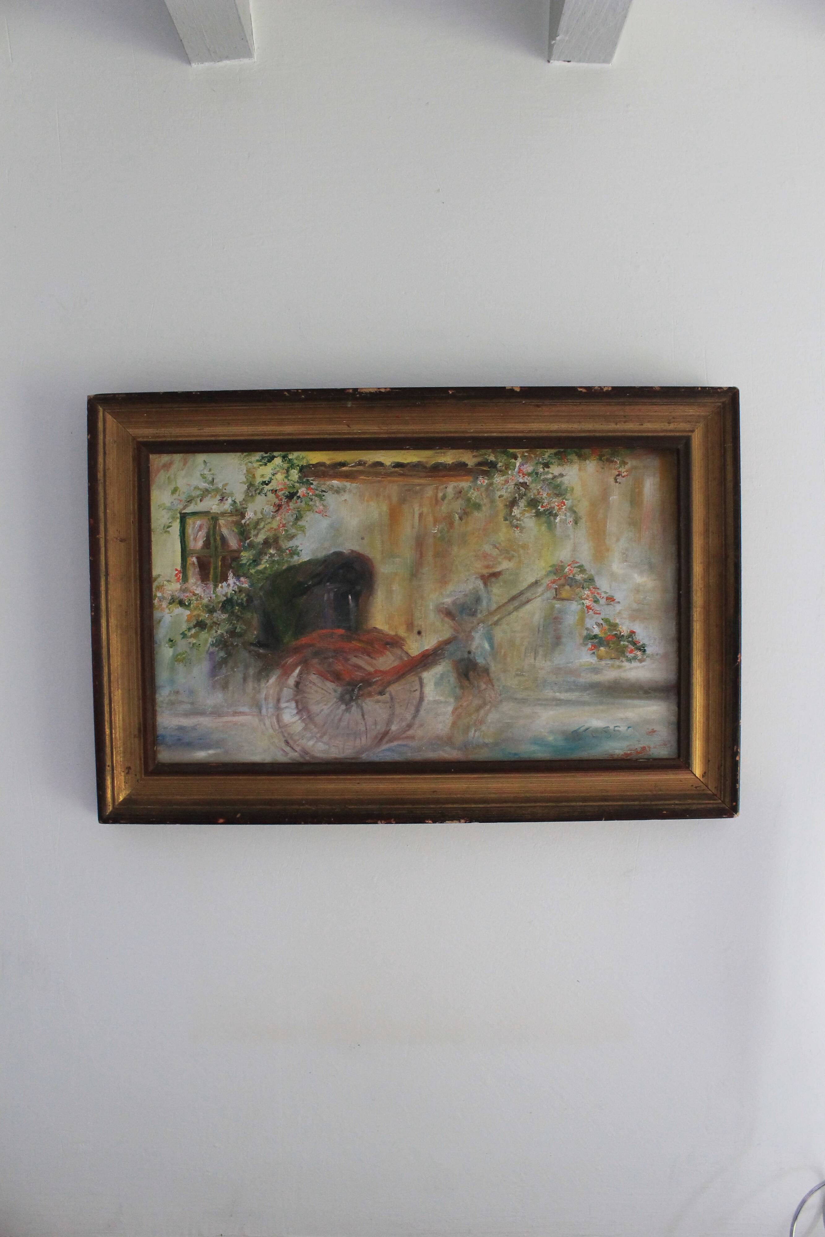 Oil on canvas signed F. Fosso, depicting a man pulling a cart.