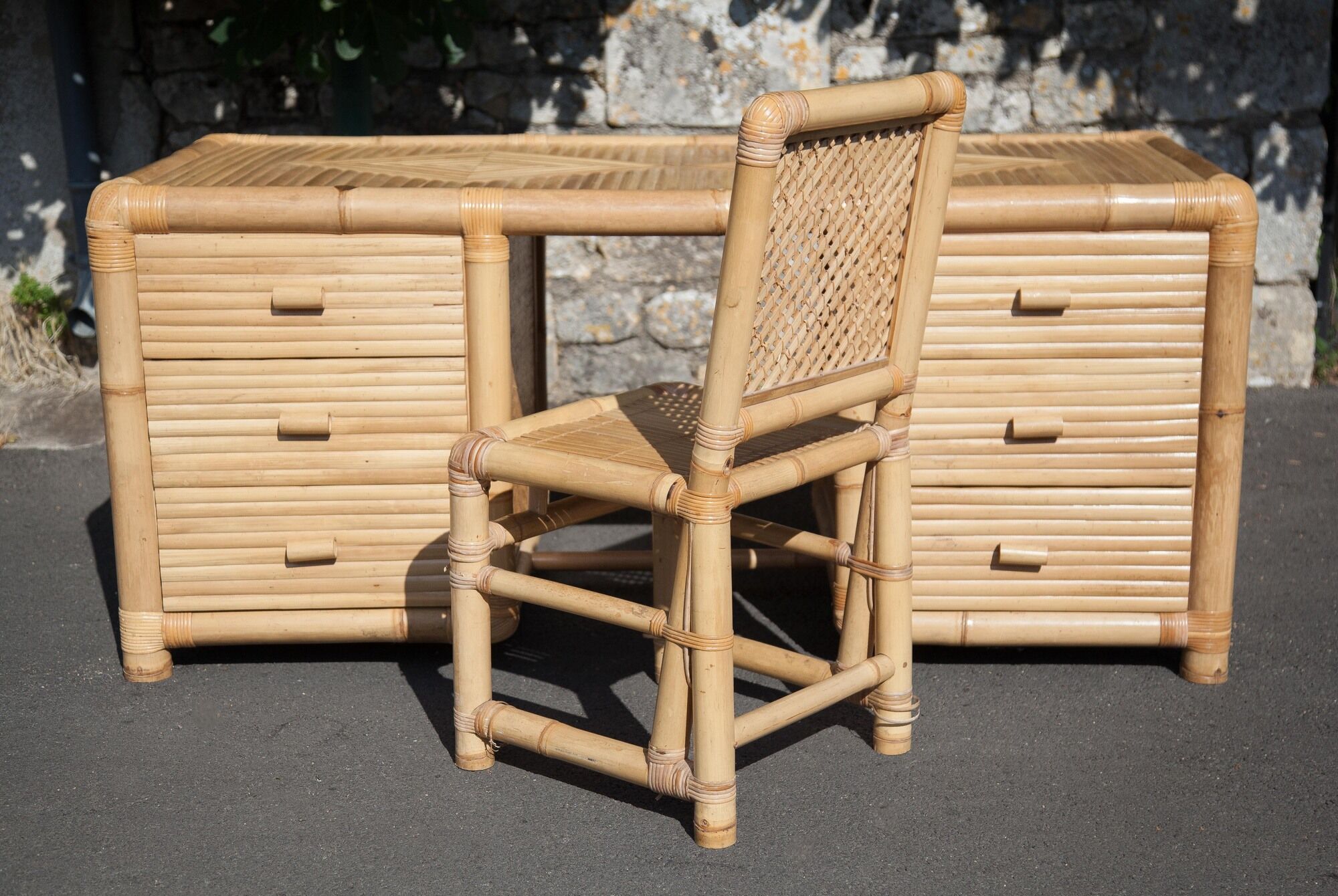 Bamboo desk, large drawer desk with chair, storage, bamboo furniture, interior decoration