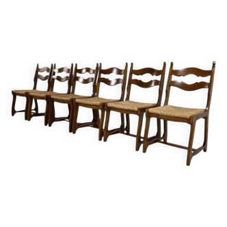 Set of 6 1950s chairs in wood and straw
