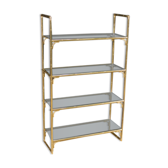 Italian bookshelf in golden metal with glass shelves