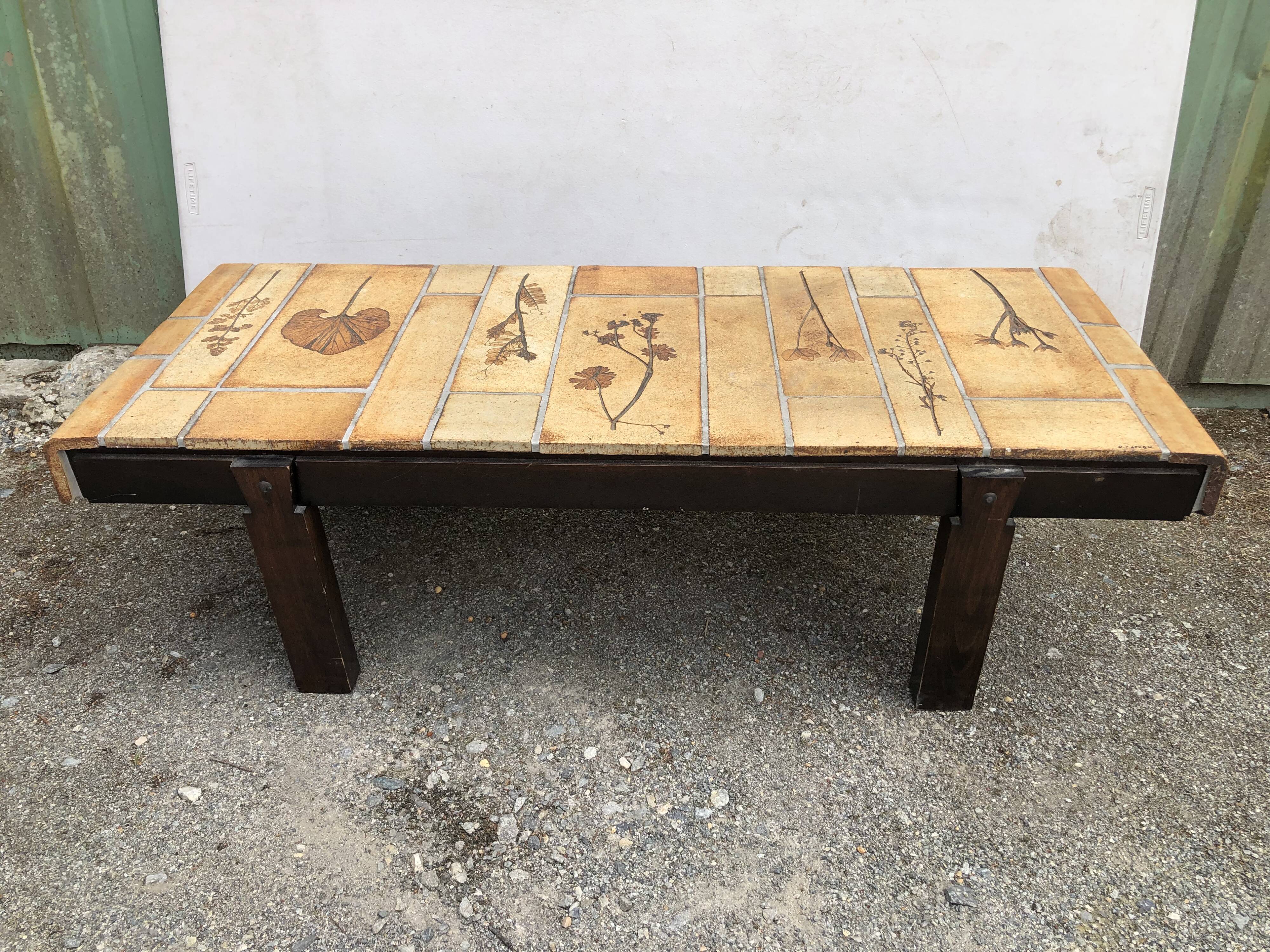 Vintage ceramic coffee table with herbarium decorations by Roger Capron, solid beech base.