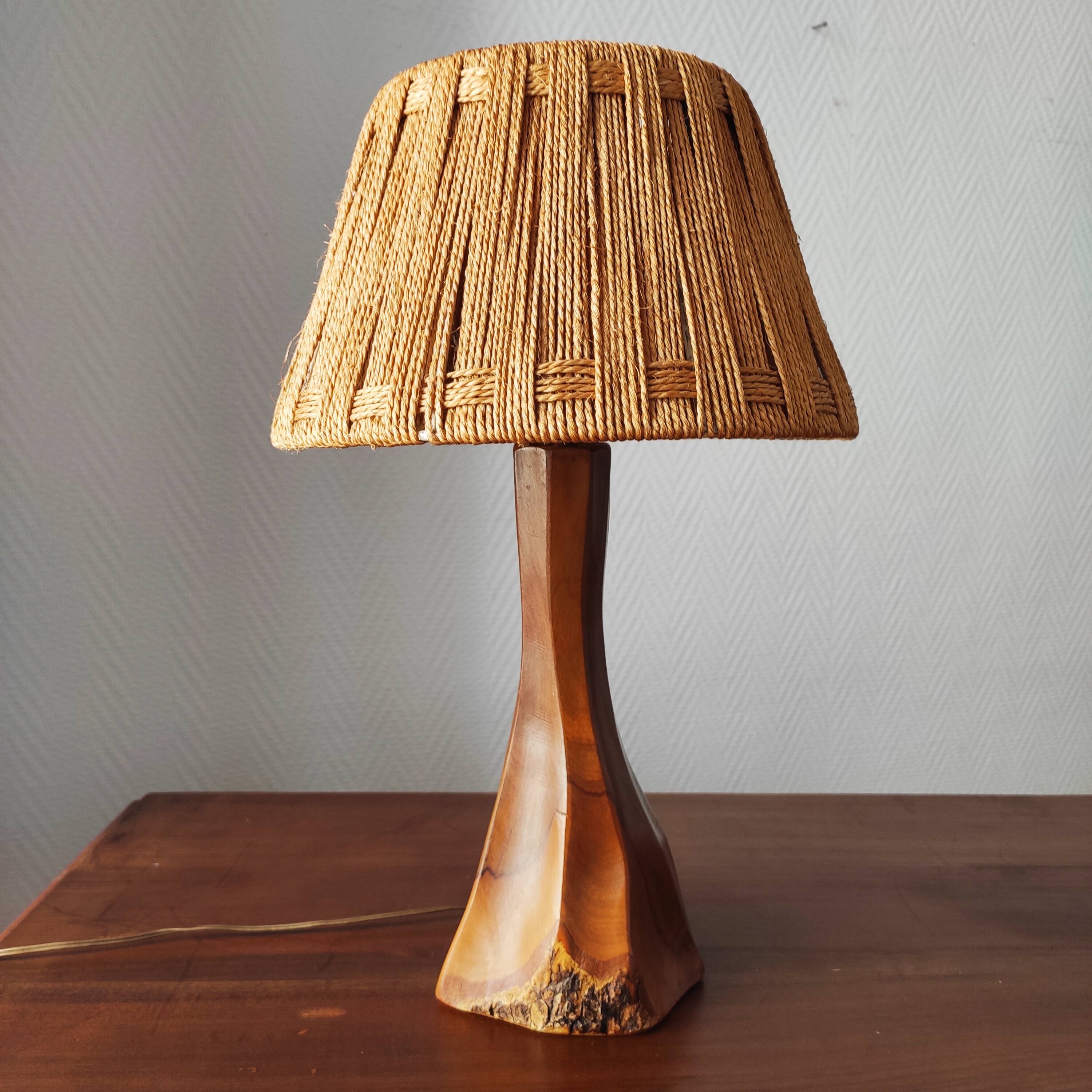 Vintage brutalist lamp from the 60s-70s made of wood and rope.