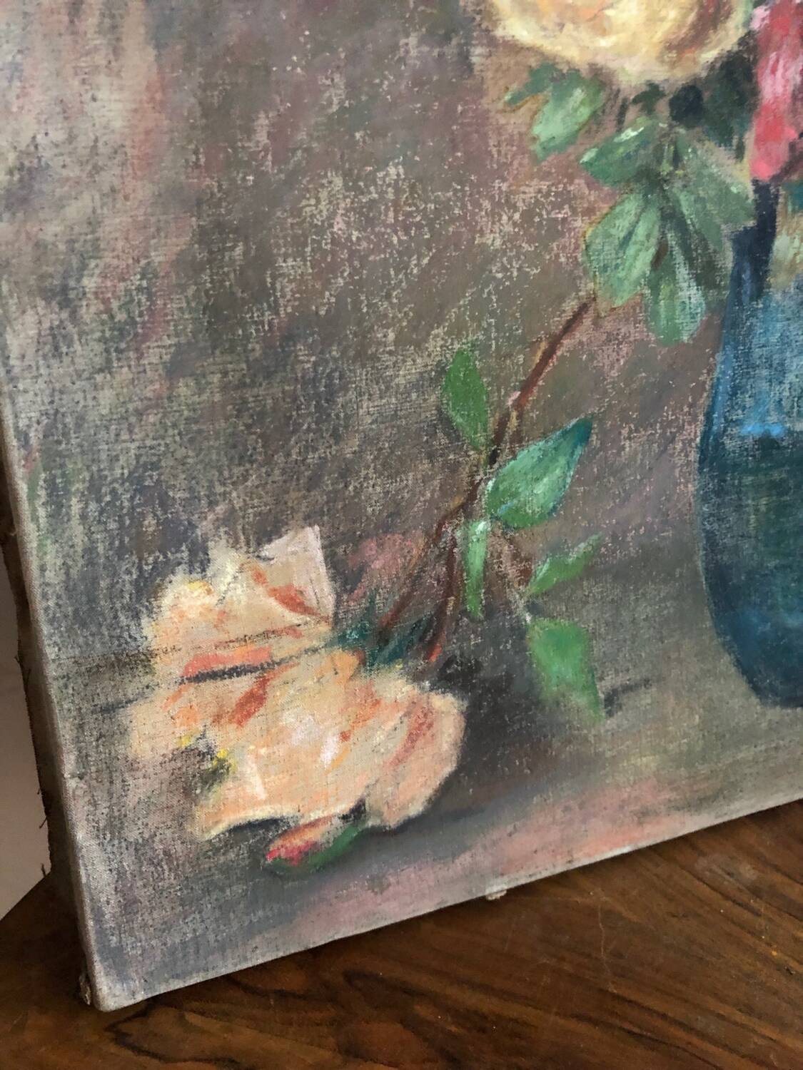 Oil on old canvas Bouquet of roses
