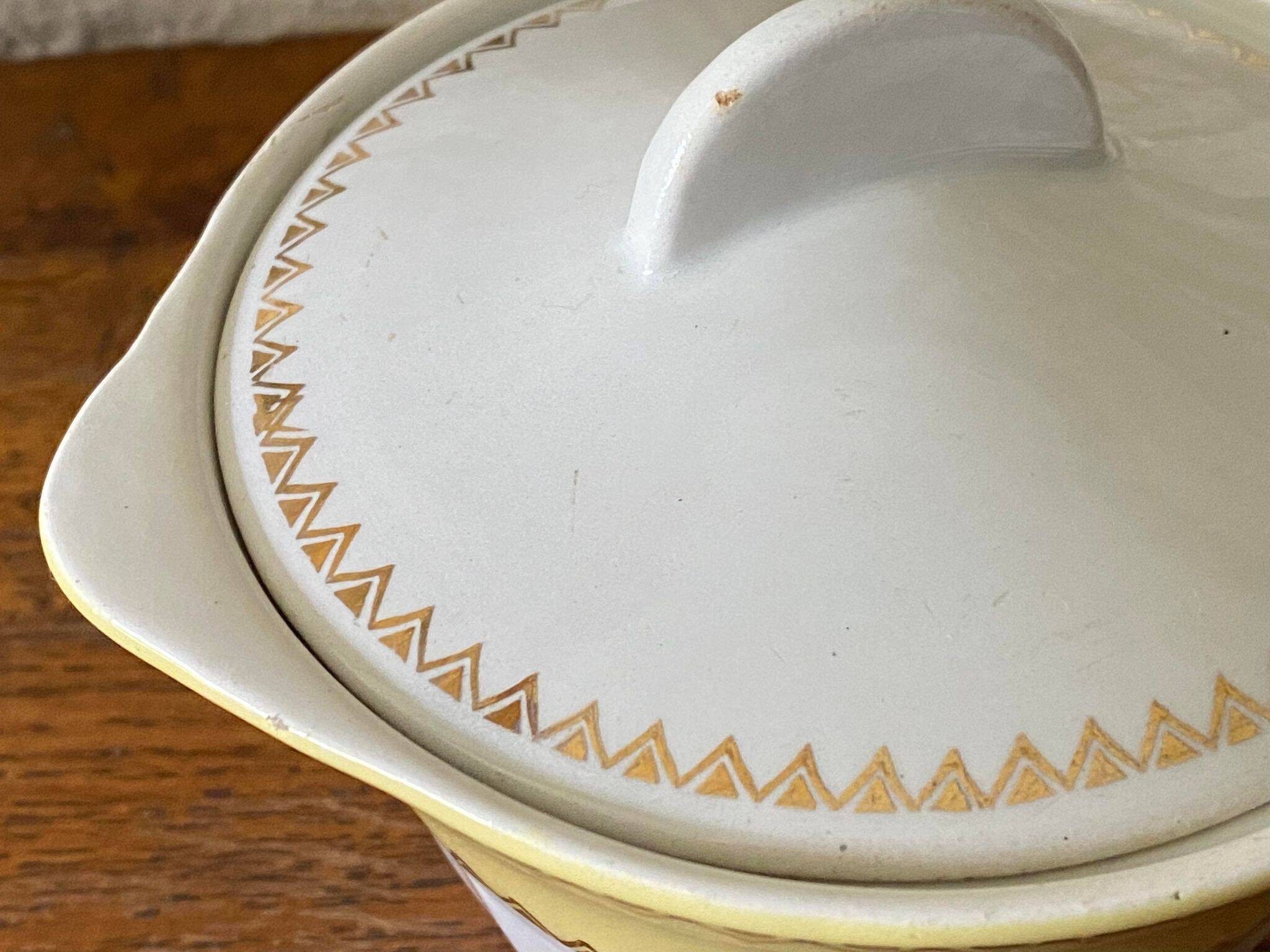 Sugar bowl or candy dish in white earthenware with yellow and gold frieze decoration