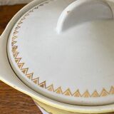 Sugar bowl or candy dish in white earthenware with yellow and gold frieze decoration