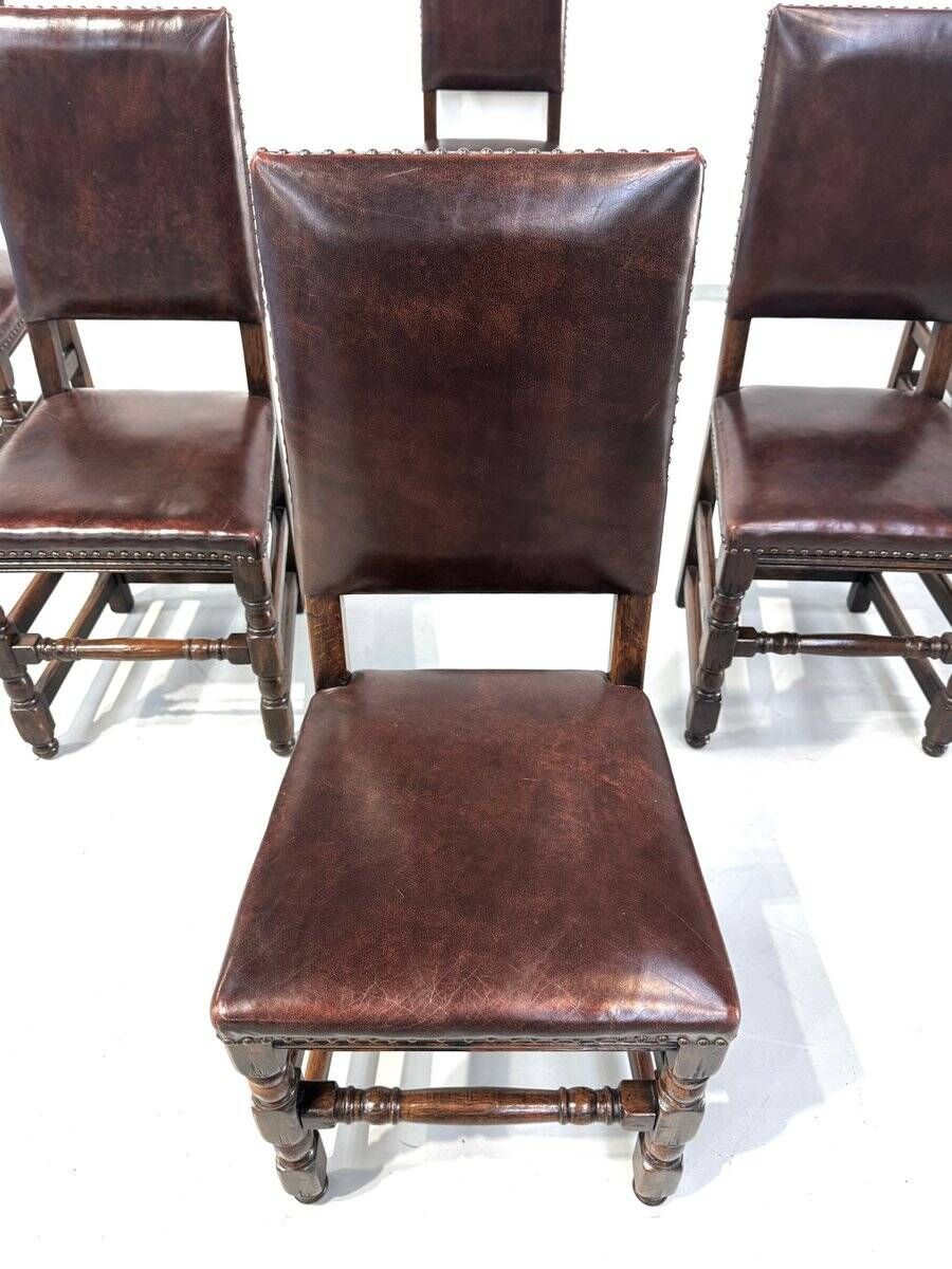 Vintage Handmade French Chairs in Leather & Oak, 1970s.