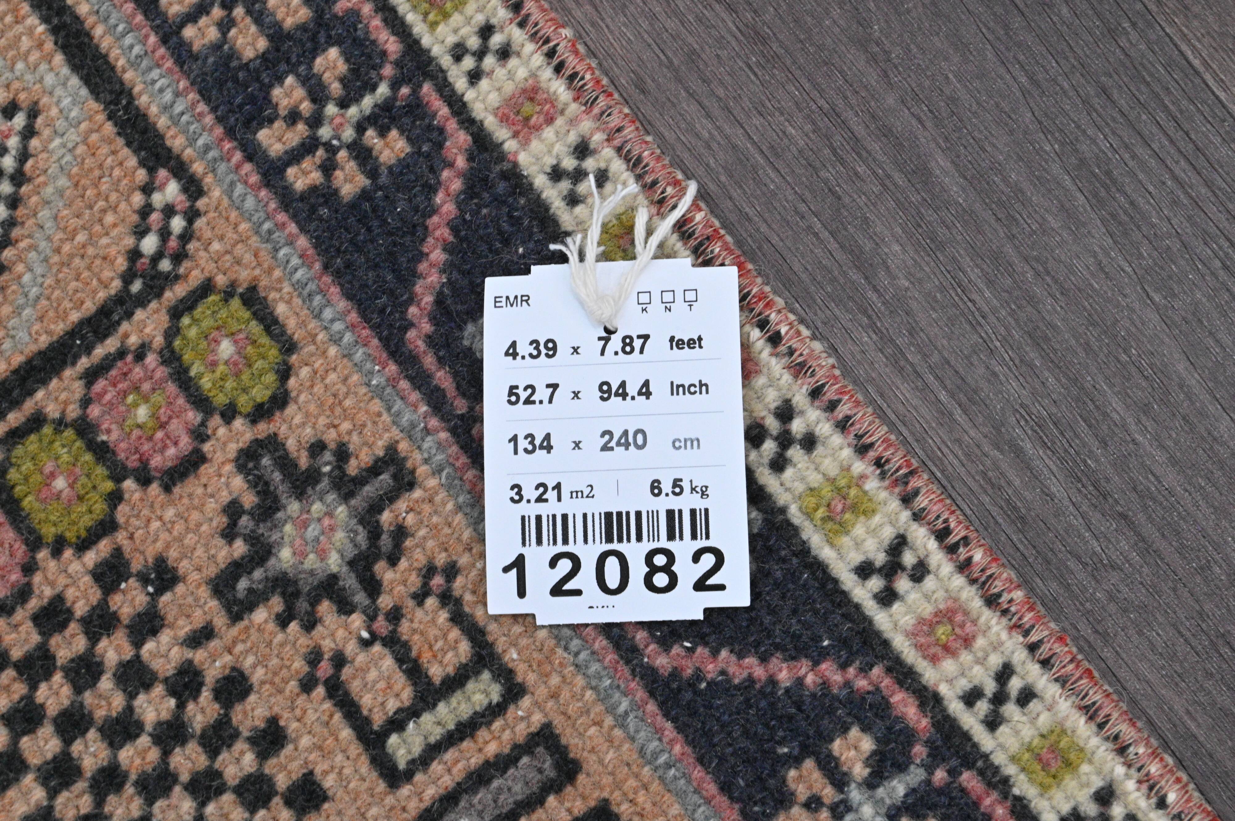 Vintage Turkish rug 134x240 cm, pink and navy blue tones, handmade wool