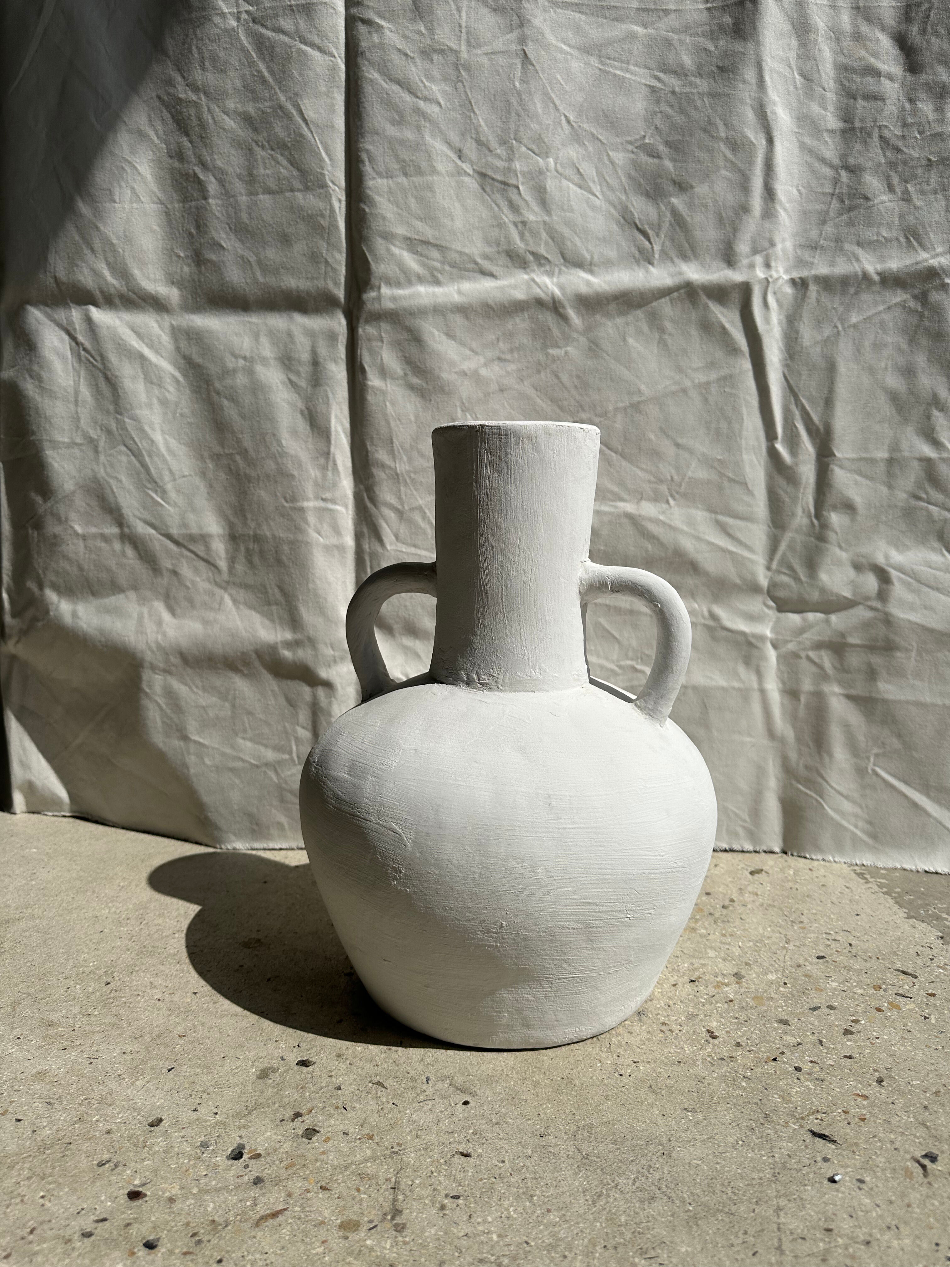 Handcrafted terracotta vase painted white with double handles h:40 d:30