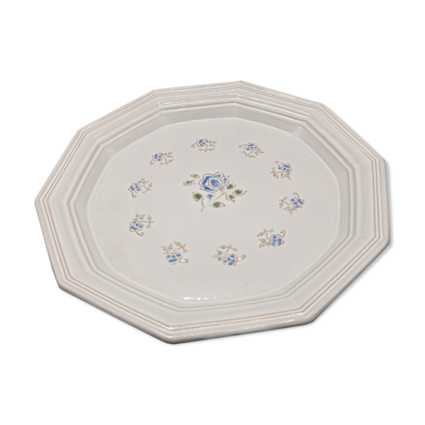 Pale pink octagonal dish, floral decoration of Niderviller - ∅ 32cm