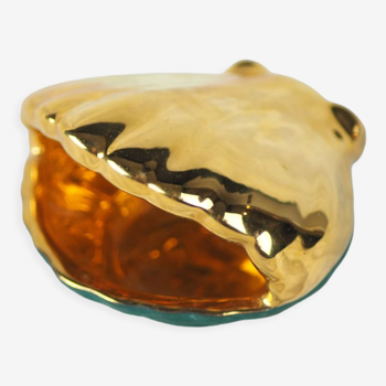 Vide-poche porcelaine en forme de coquille Saint-Jacques dorée à fond vert canard des années 50/60