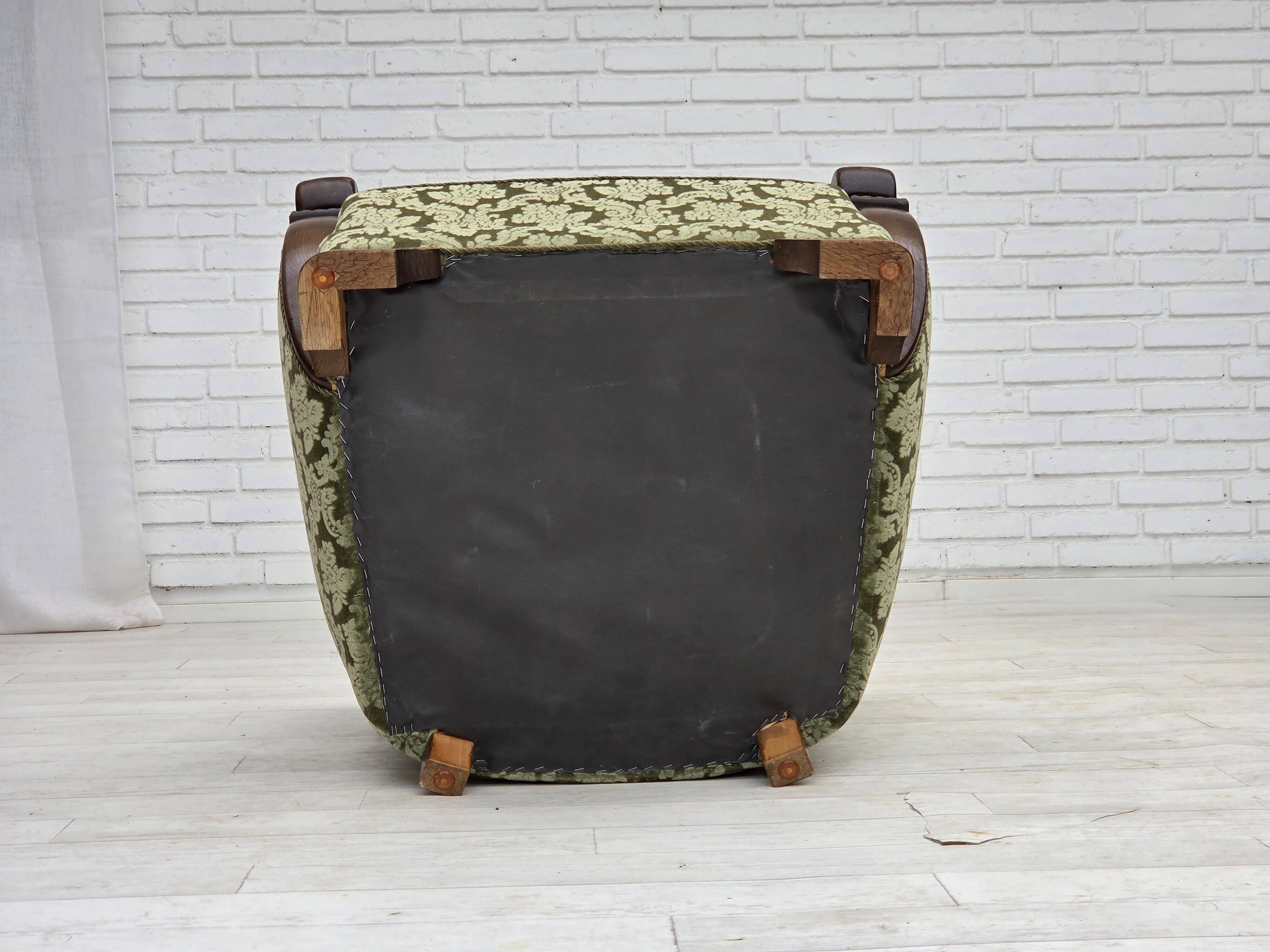 1960s, Danish armchair, green furniture velour, solid oak wood.