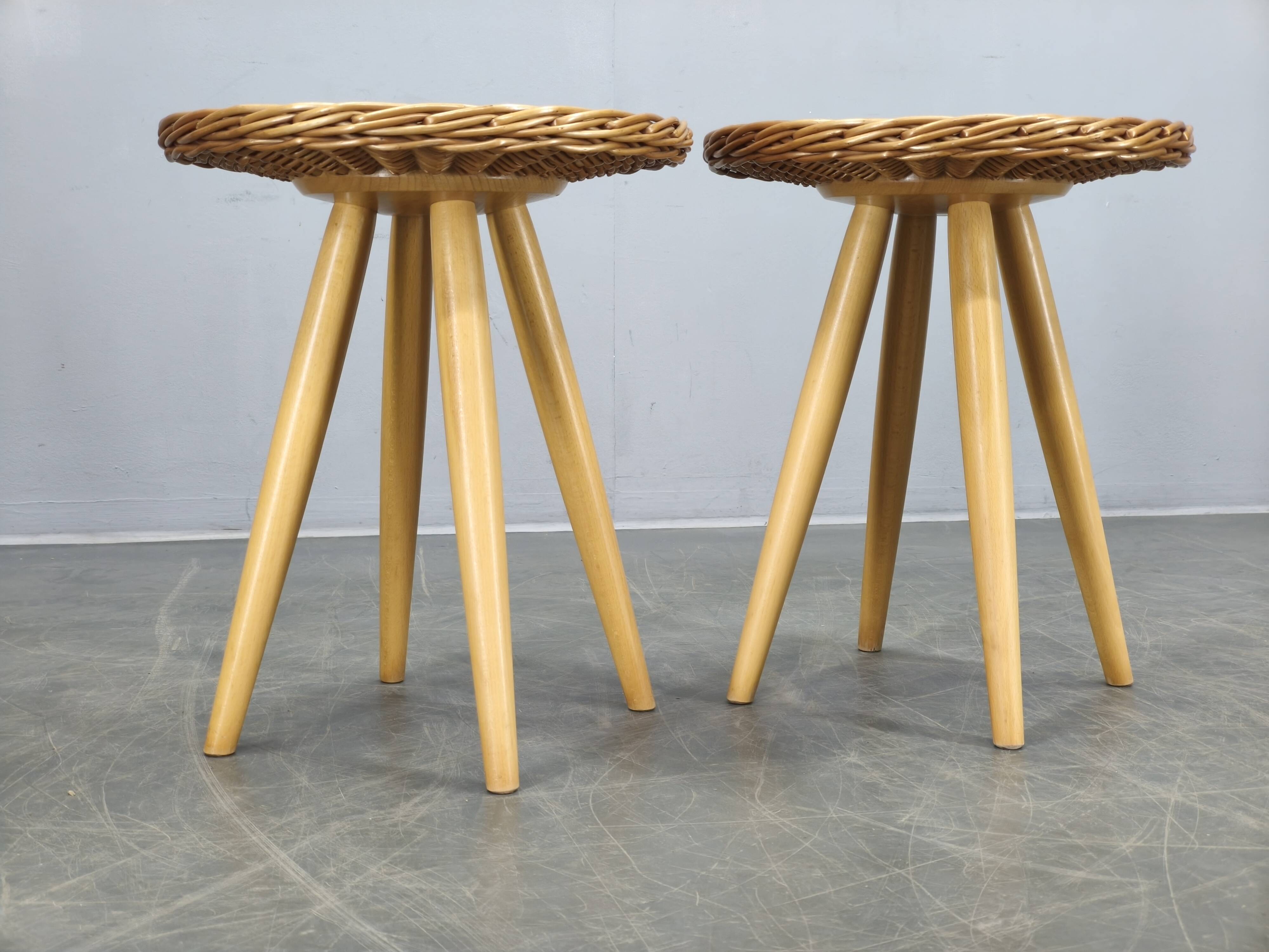 Pair of uluv rattan side tables by jan kalous, 1970s