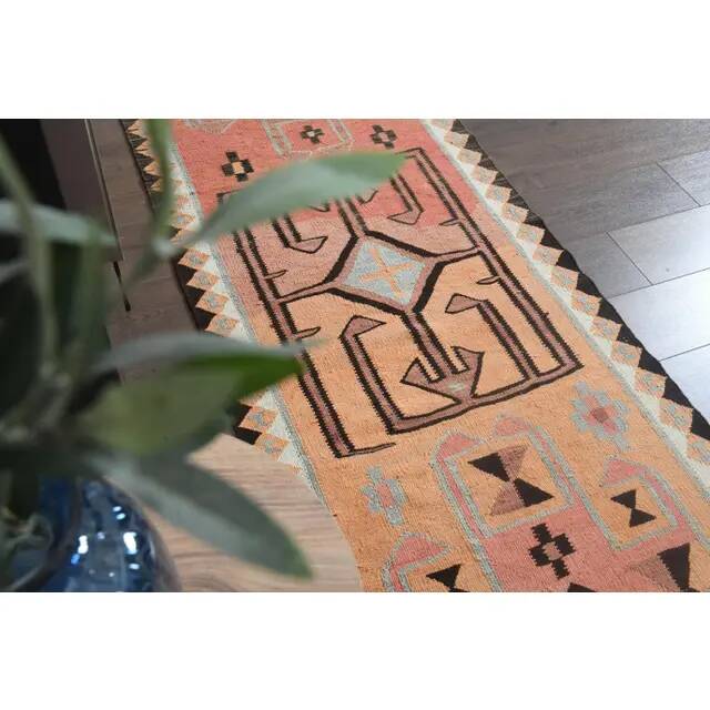 1970s Turkish Oushak Handmade Wool Cotton Orange Runner Rug 90x361