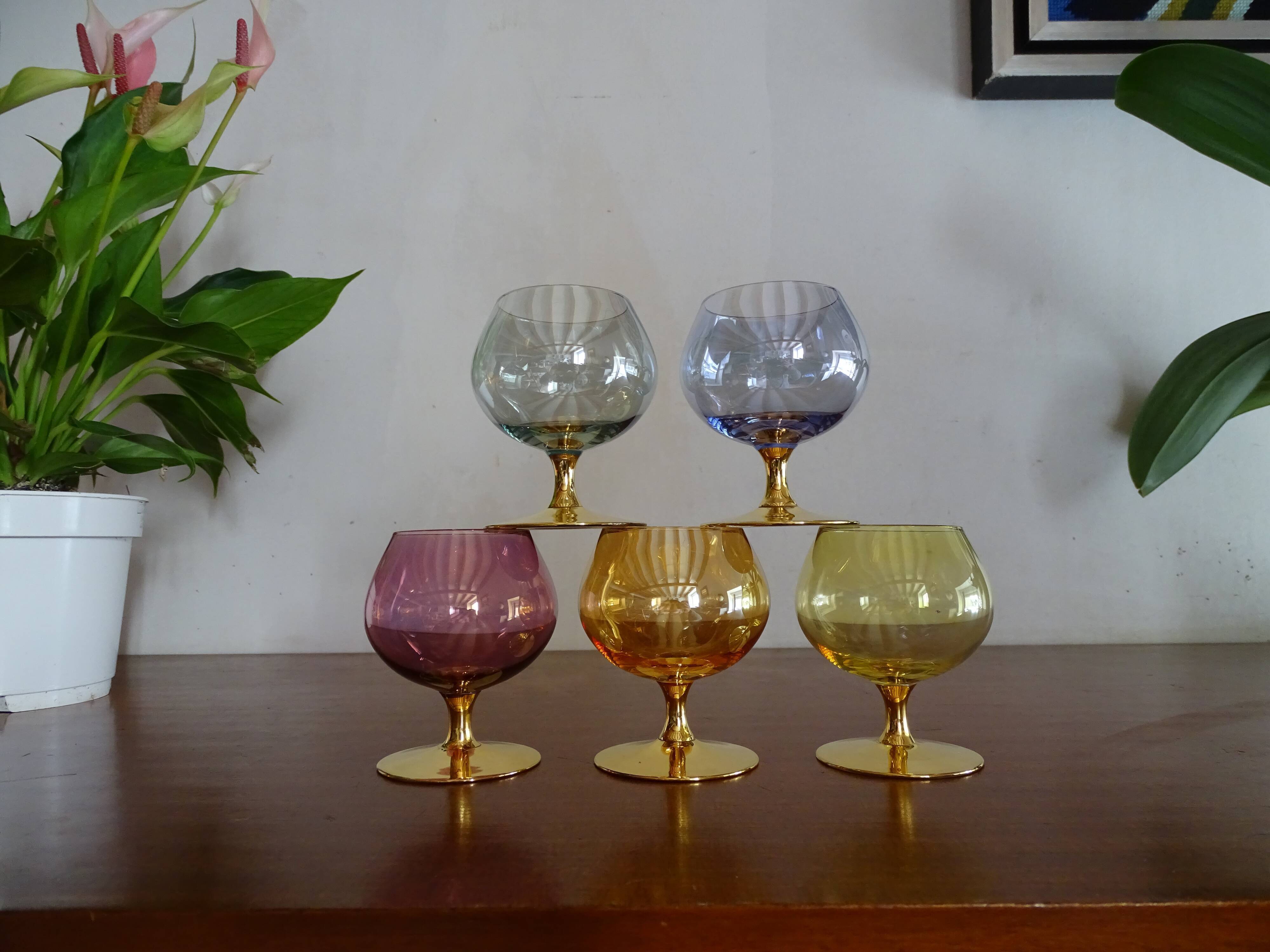 5 vintage coloured cognac glasses