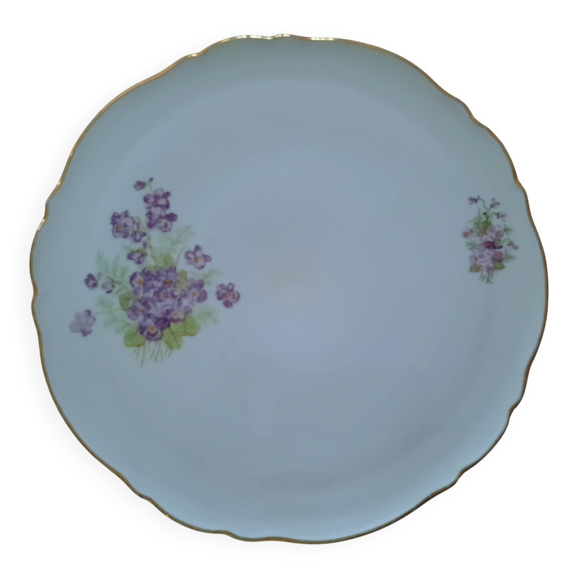 Large round Limoges porcelain plate – Floral decoration of Violets / Pansies