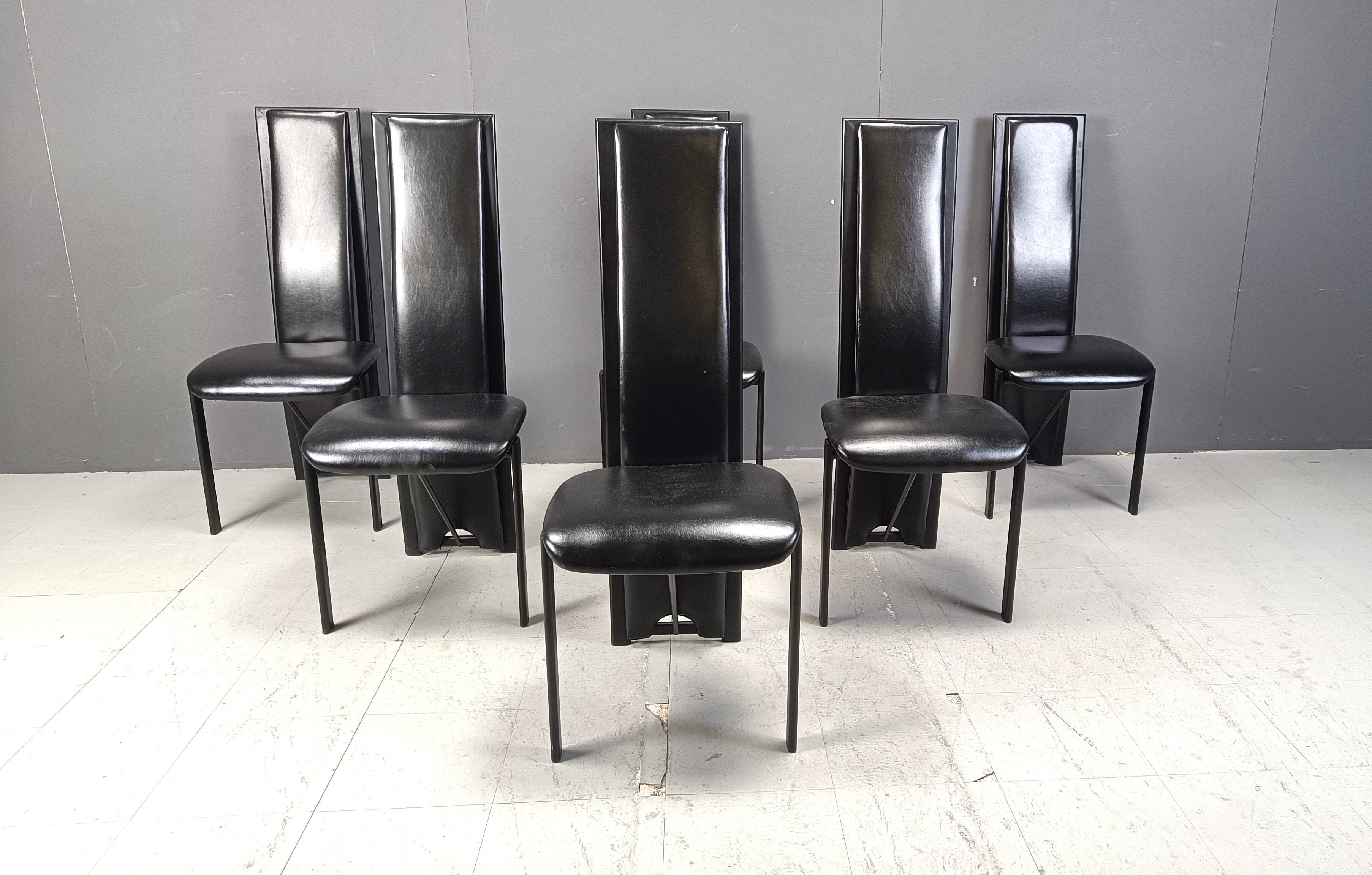 Chaises de salle à manger hautes en cuir noir vintage, lot de 6, années 1980