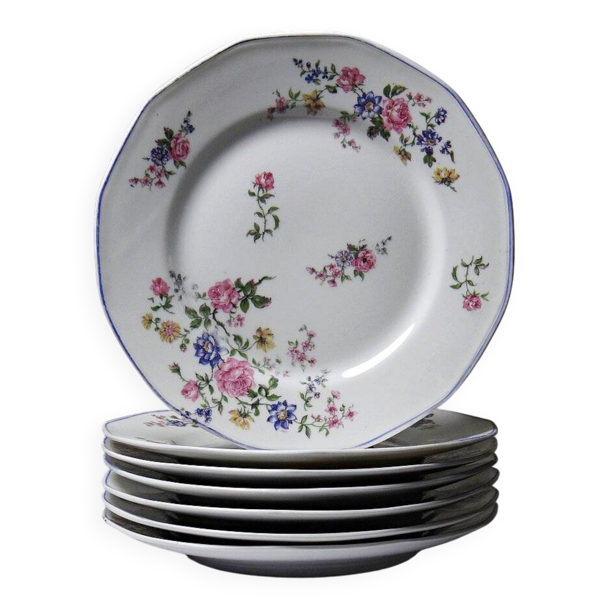 7 dessert plates Bernardaud Limoges porcelain with floral decoration from the 1920s to 1950s.