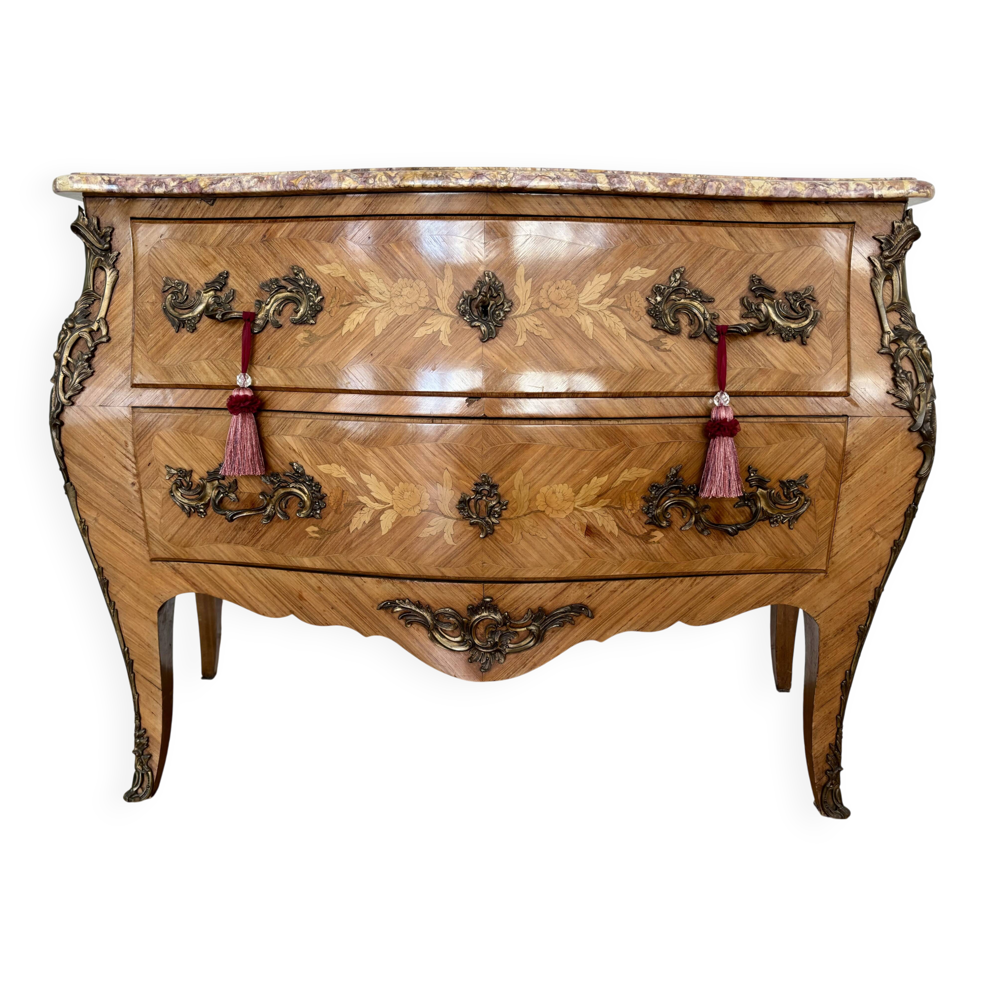Louis XV style curved chest of drawers with floral marquetry and marble top
