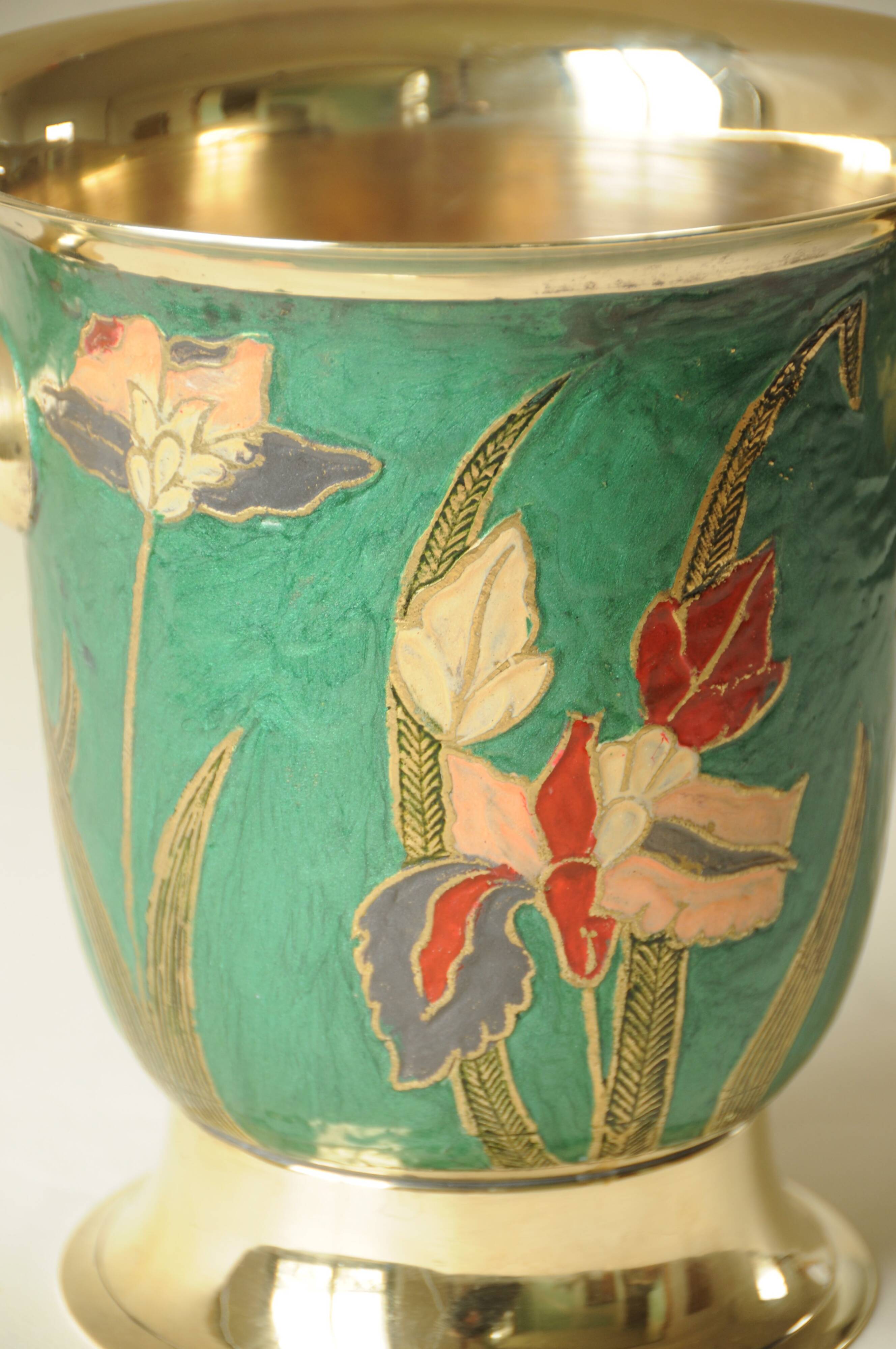 Champagne Bucket / Vintage Ice Bucket in Enamelled Brass with Flower Design