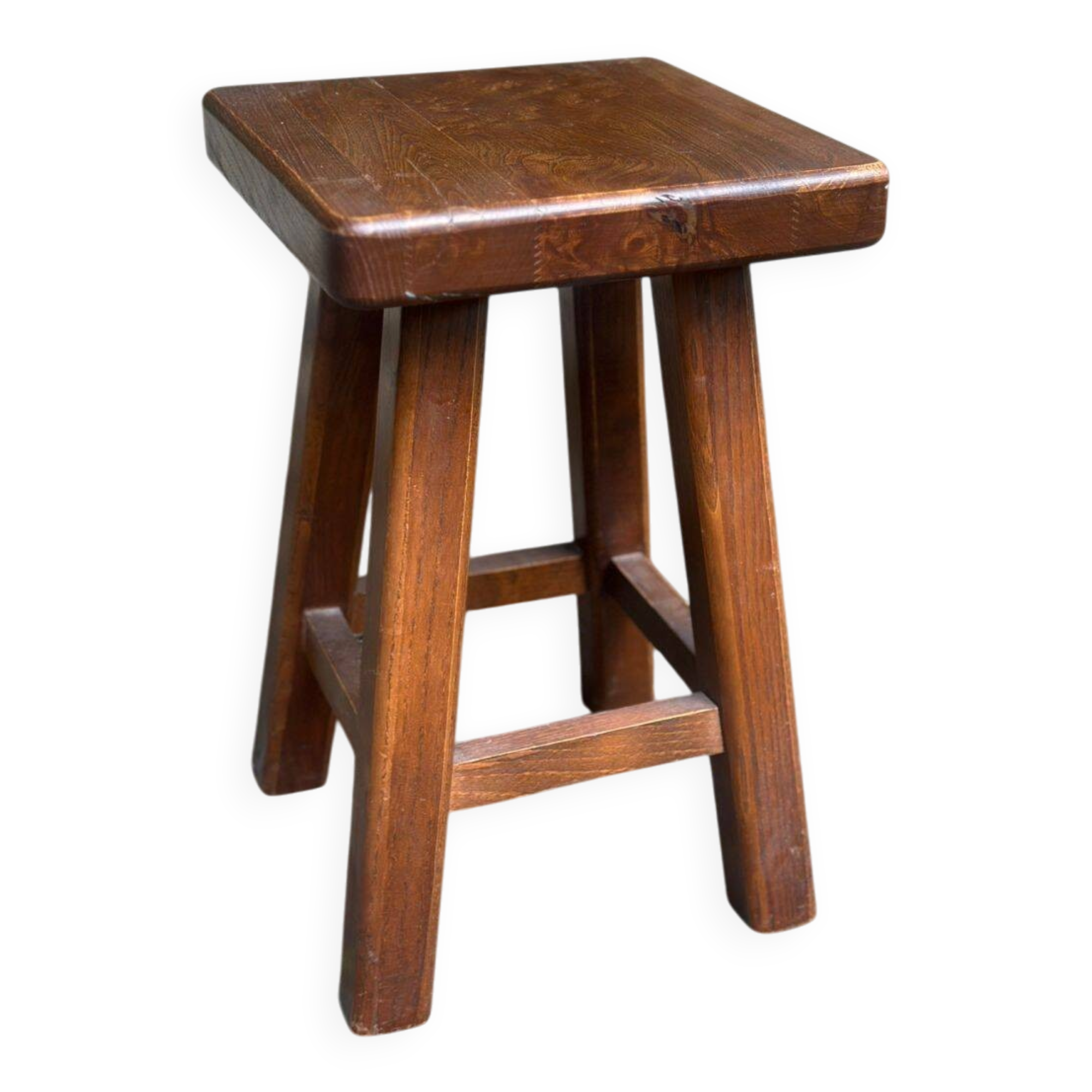 Vintage square farmhouse stool in solid wood from the 1960s.