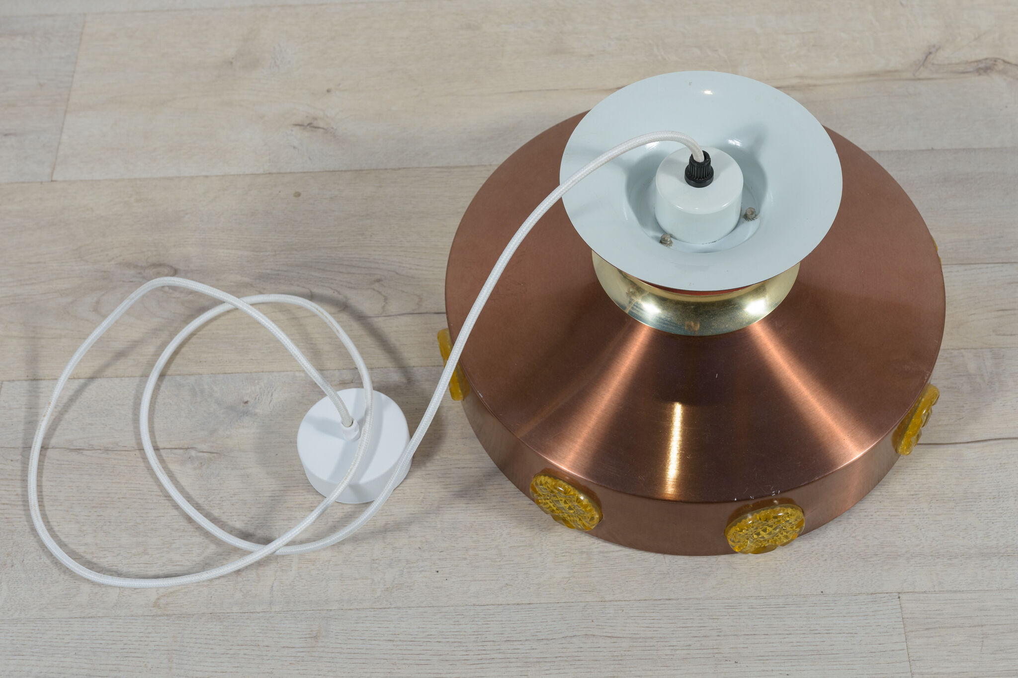 Scandinavian ceiling lamp copper & glass, Denmark, 1960s