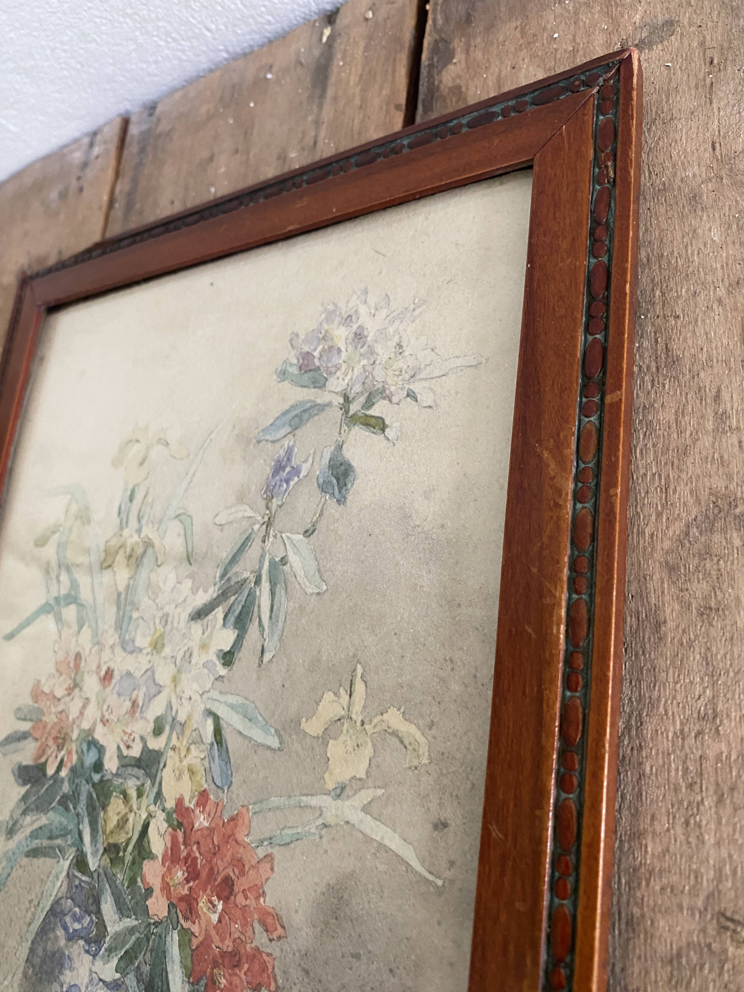 Aquarelle et cadre bois vernis 1900